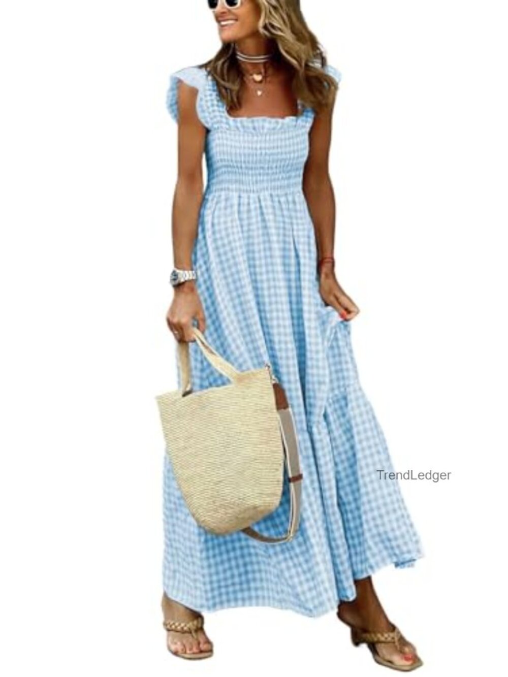Women Sleeveless Spaghetti Strap Plaid A-Line Smocked Maxi Dress Ruffled Hem